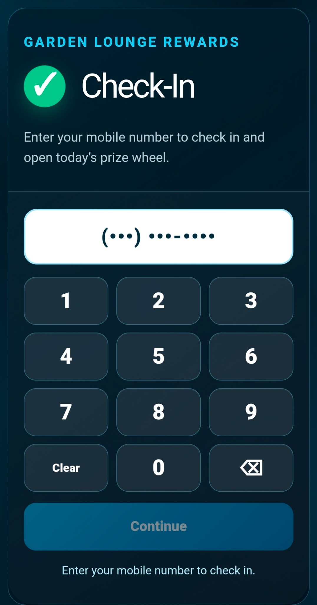 Branded phone-number check-in screen